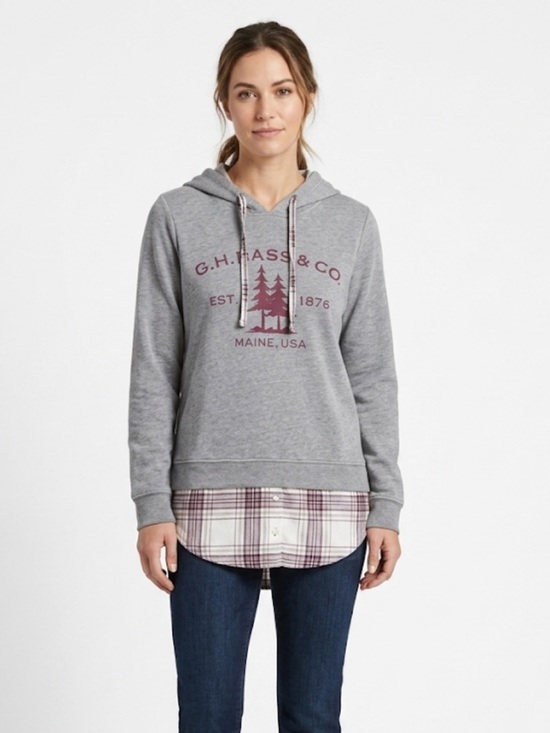 G.H. Bass & Co. Sweaters - G.H. Bass & Co. Layered Look Hoodie | Plaid Hem Casual Pullover Top